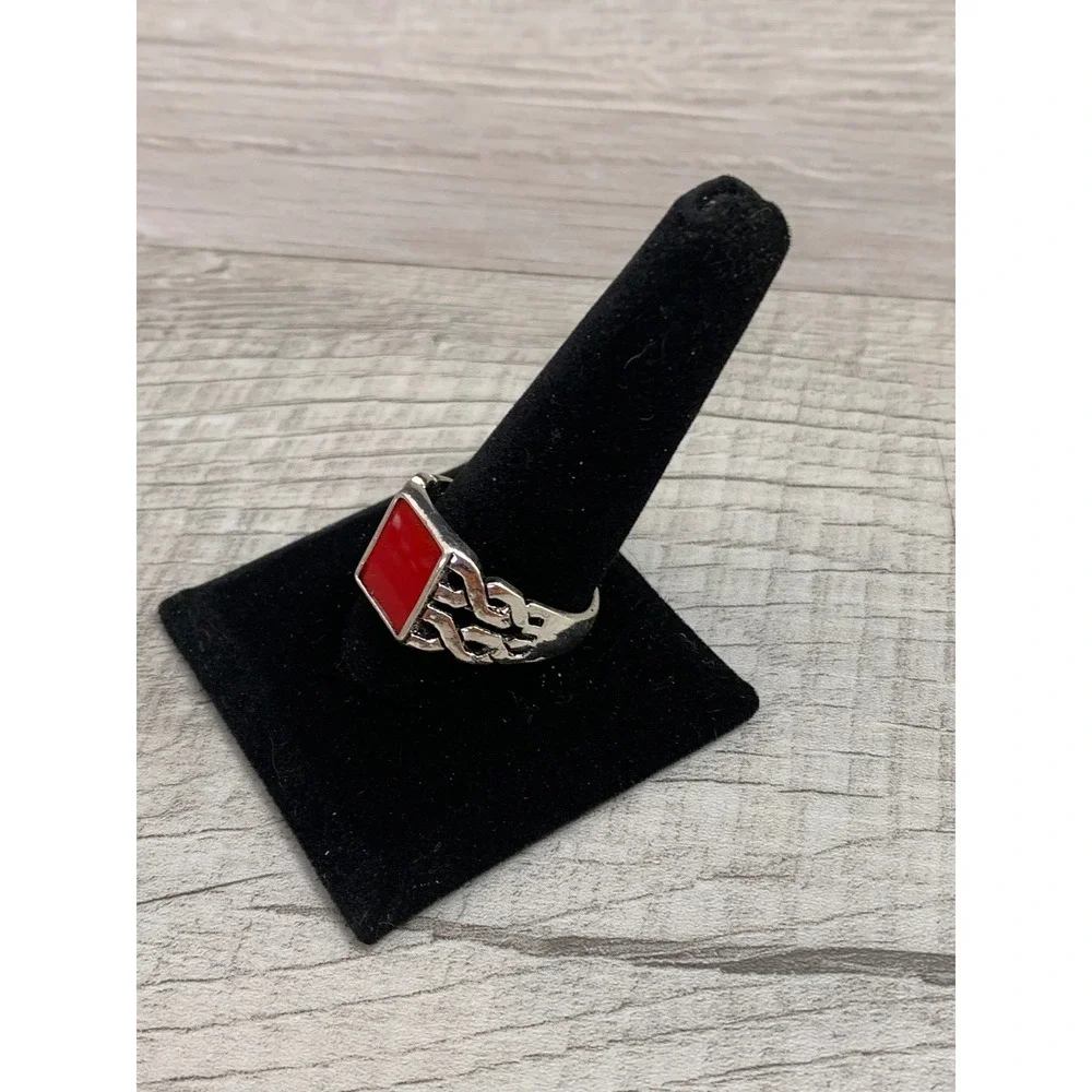 Mens Red Enamel Celtic Knot Silver Tone Signet Fashion Ring Size 13.25